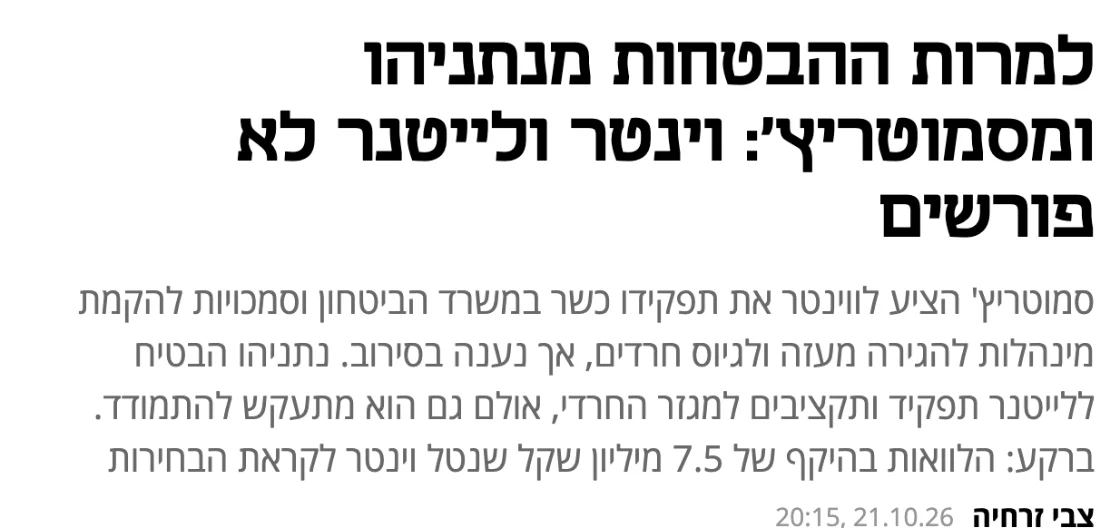 צילום כותרת הידיעה בכלכליסט: למרות ההבטחות מנתניהו ומסמוטריץ': וינטר ולייטנר לא פורשים