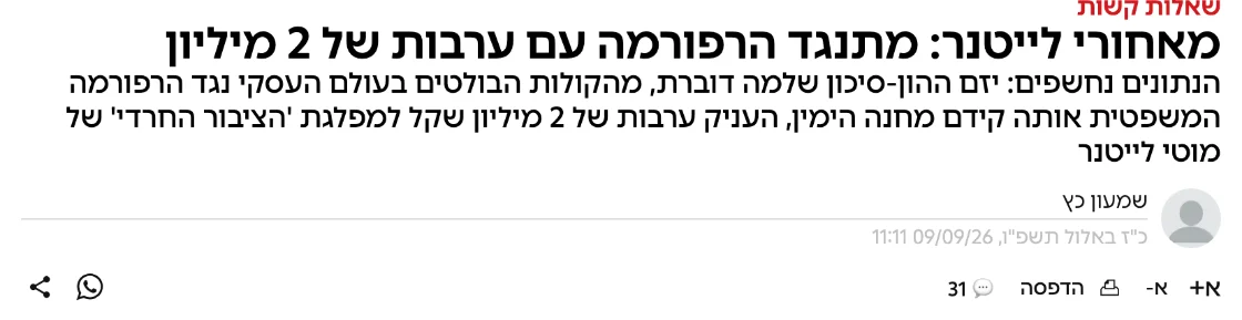 צילום כותרת הידיעה באמס: מאחורי לייטנר: מתנגד הרפורמה עם ערבות של 2 מיליון