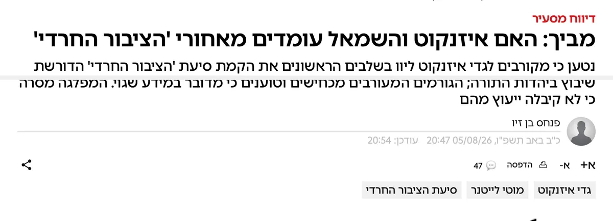 צילום כותרת הידיעה באמס: מביך: האם איזנקוט והשמאל עומדים מאחורי 'הציבור החרדי'