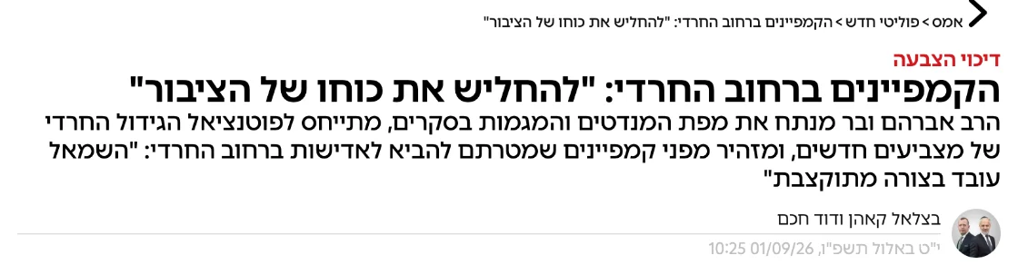 צילום כותרת הידיעה באמס: הקמפיינים ברחוב החרדי: "להחליש את כוחו של הציבור"
