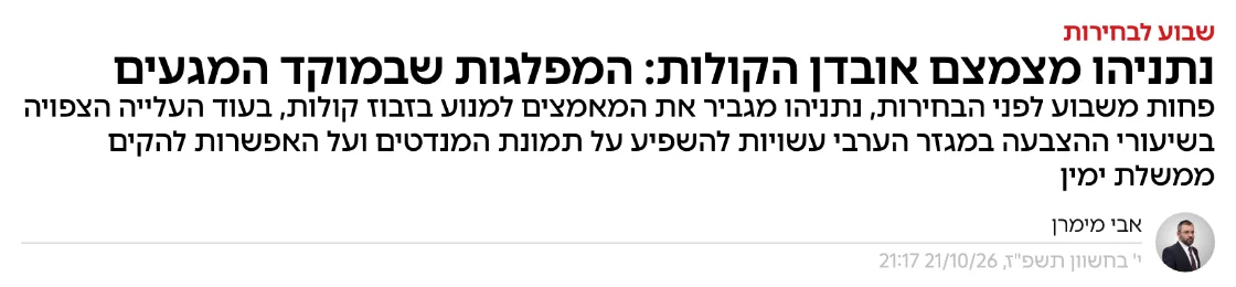 צילום כותרת הידיעה באמס: נתניהו מצמצם אובדן הקולות: המפלגות שבמוקד המגעים