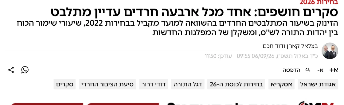 צילום כותרת הידיעה באמס: סקרים חושפים: אחד מכל ארבעה חרדים עדיין מתלבט