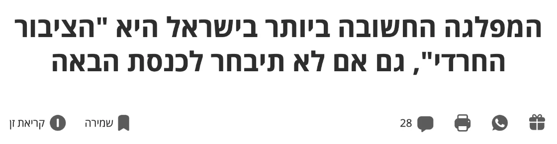 צילום כותרת הידיעה בהארץ: המפלגה החשובה ביותר בישראל היא "הציבור החרדי", גם אם לא תיבחר לכנסת הבאה