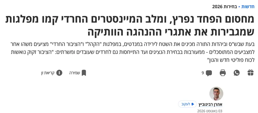 צילום כותרת הידיעה בהארץ: מחסום הפחד נפרץ, ומלב המיינסטרים החרדי קמו מפלגות שמגבירות את אתגרי ההנהגה הוותיקה