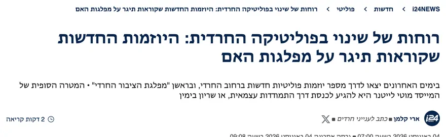 צילום כותרת הידיעה ב-i24NEWS: רוחות של שינוי בפוליטיקה החרדית: היוזמות החדשות שקוראות תיגר על מפלגות האם