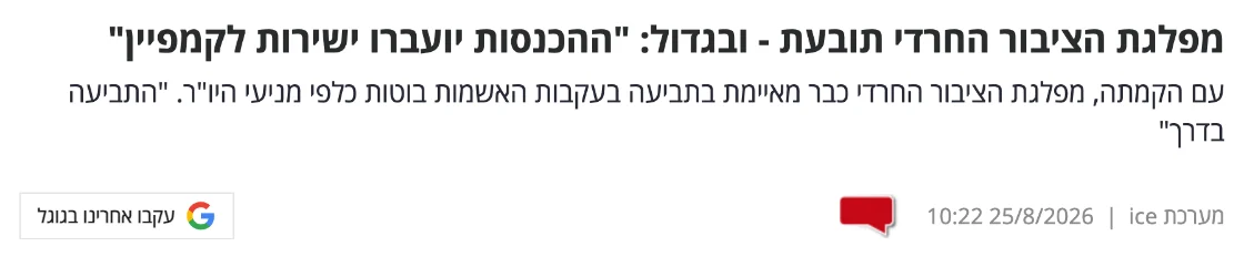 צילום כותרת הידיעה באייס: מפלגת הציבור החרדי תובעת - ובגדול: "ההכנסות יועברו ישירות לקמפיין"