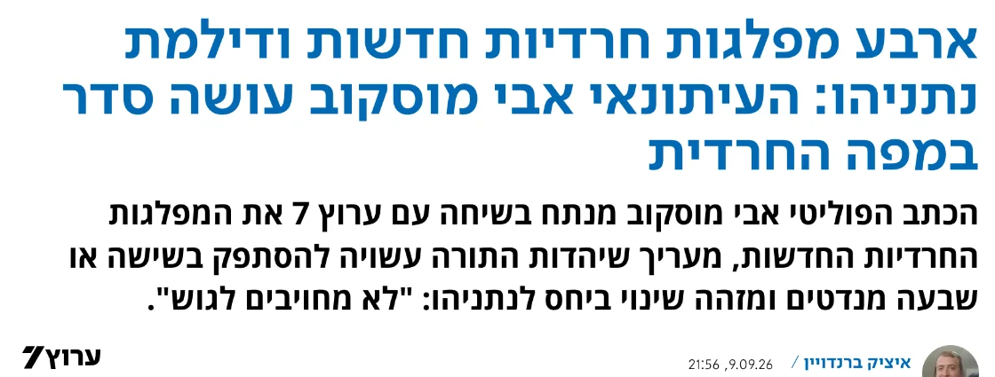 צילום כותרת הידיעה בערוץ 7: ארבע מפלגות חרדיות חדשות ודילמת נתניהו: העיתונאי אבי מוסקוב עושה סדר במפה החרדית