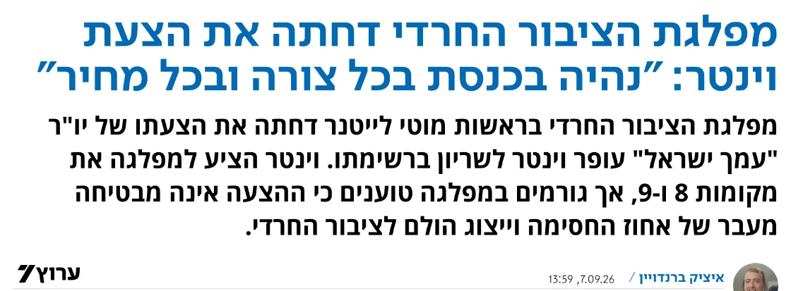 צילום כותרת הידיעה בערוץ 7: מפלגת הציבור החרדי דחתה את הצעת וינטר: "נהיה בכנסת בכל צורה ובכל מחיר"