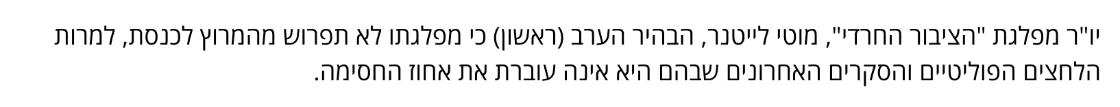 צילום מהמשך הכתבה בערוץ 7: יו"ר מפלגת "הציבור החרדי", מוטי לייטנר, הבהיר הערב (ראשון) כי מפלגתו לא תפרוש מהמרוץ לכנסת, למרות הלחצים הפוליטיים והסקרים האחרונים שבהם היא אינה עוברת את אחוז החסימה.