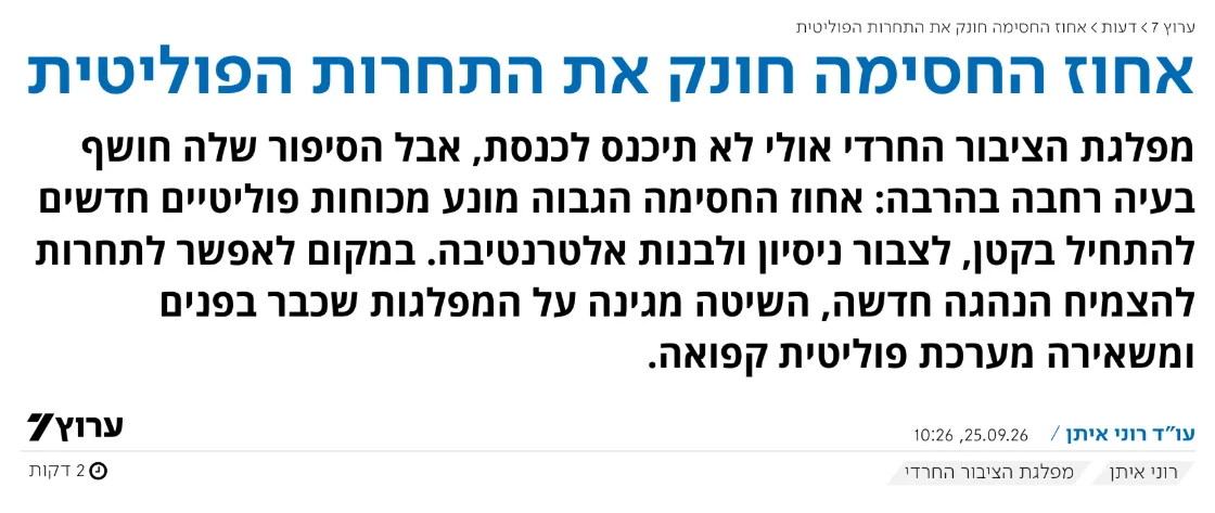 צילום כותרת הידיעה בערוץ 7: אחוז החסימה חונק את התחרות הפוליטית