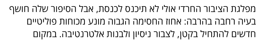 צילום מהמשך הכתבה בערוץ 7: מפלגת הציבור החרדי אולי לא תיכנס לכנסת, אבל הסיפור שלה חושף בעיה רחבה בהרבה: אחוז החסימה הגבוה מונע מכוחות פוליטיים חדשים להתחיל בקטן, לצבור ניסיון ולבנות אלטרנטיבה.