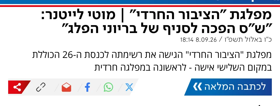 צילום כותרת הידיעה בערוץ 7: מפלגת "הציבור החרדי" | מוטי לייטנר: "ש"ס הפכה לסניף של בריוני הפלג"