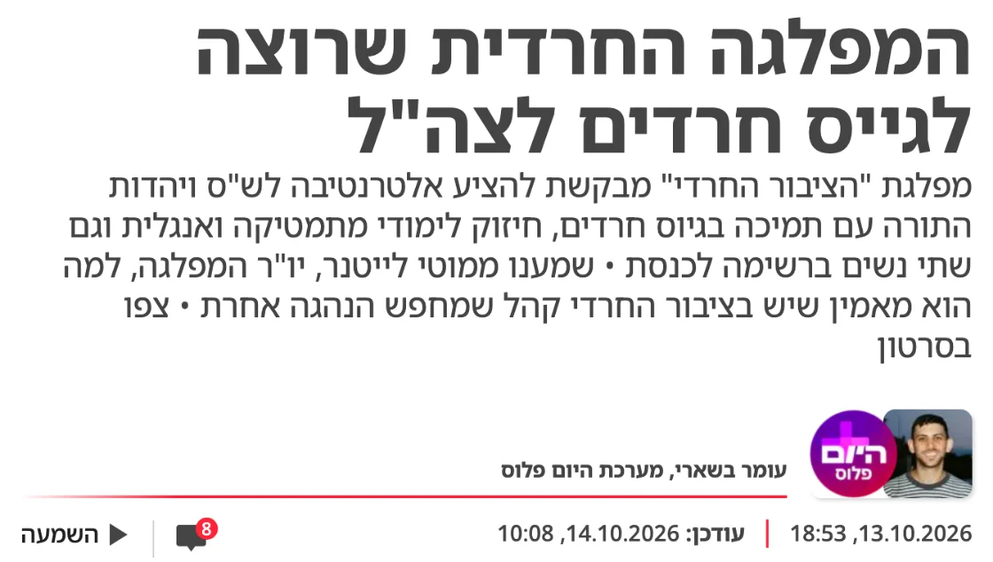 צילום כותרת הידיעה בישראל היום: המפלגה החרדית שרוצה לגייס חרדים לצה"ל