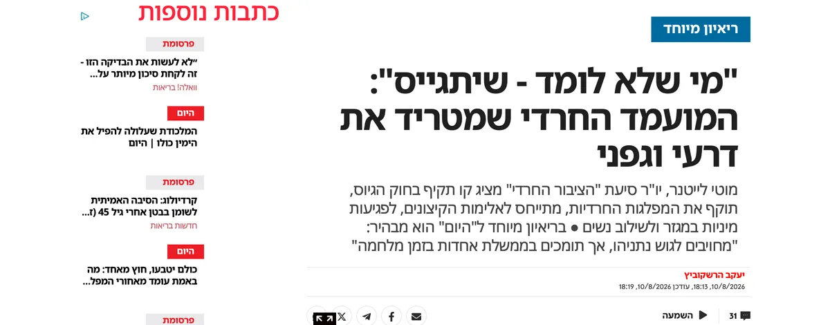 צילום כותרת הידיעה בישראל היום: "מי שלא לומד - שיתגייס": המועמד החרדי שמטריד את דרעי וגפני