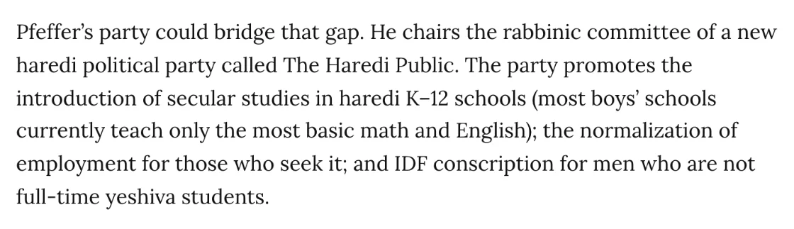 צילום מהמשך הכתבה ב-Jewish Telegraphic Agency: He chairs the rabbinic committee of a new haredi political party called The Haredi Public.
