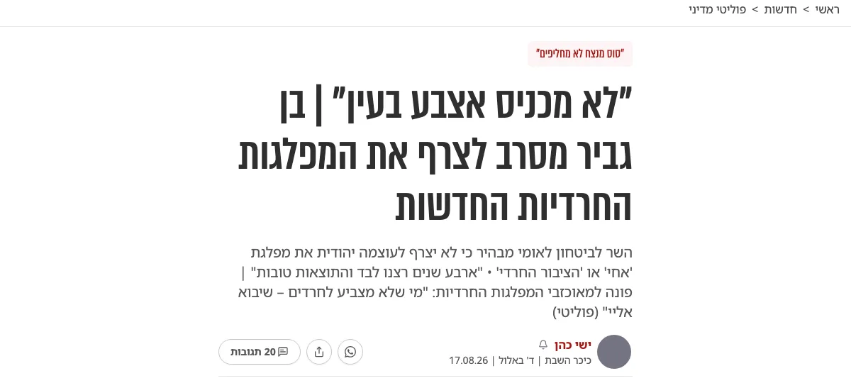 צילום כותרת הידיעה בכיכר השבת: "לא מכניס אצבע בעין" | בן גביר מסרב לצרף את המפלגות החרדיות החדשות