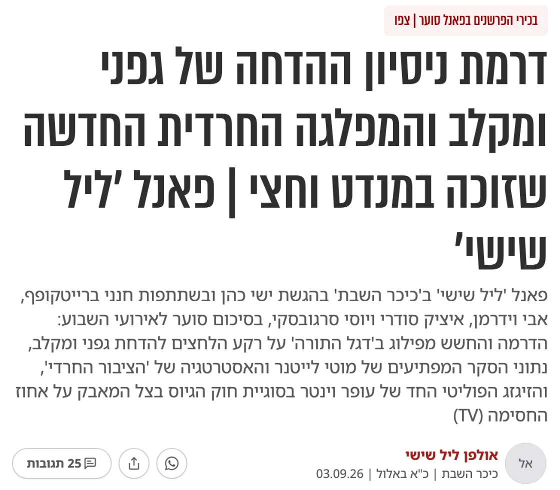 צילום כותרת הידיעה בכיכר השבת: דרמת ניסיון ההדחה של גפני ומקלב והמפלגה החרדית החדשה שזוכה במנדט וחצי | פאנל 'ליל שישי'
