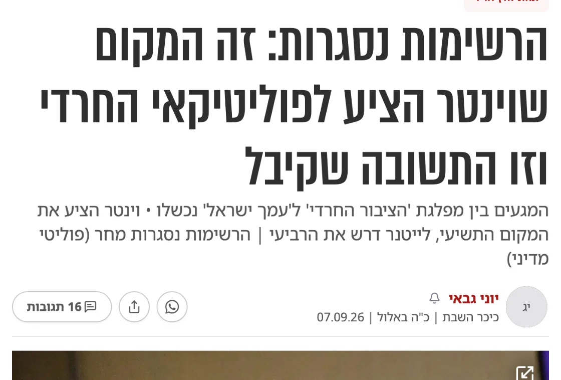 צילום כותרת הידיעה בכיכר השבת: הרשימות נסגרות: זה המקום שוינטר הציע לפוליטיקאי החרדי וזו התשובה שקיבל