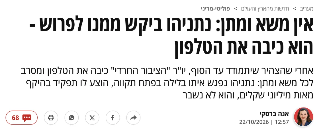 צילום כותרת הידיעה במעריב: אין משא ומתן: נתניהו ביקש ממנו לפרוש - הוא כיבה את הטלפון