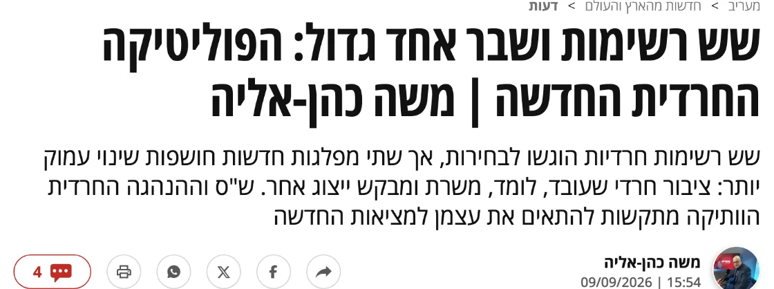 צילום כותרת הידיעה במעריב: שש רשימות ושבר אחד גדול: הפוליטיקה החרדית החדשה | משה כהן-אליה