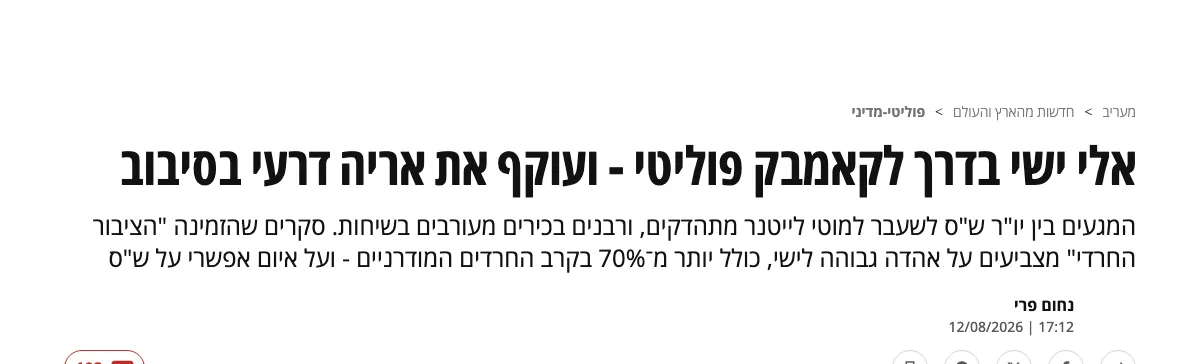 צילום כותרת הידיעה במעריב: אלי ישי בדרך לקאמבק פוליטי - ועוקף את אריה דרעי בסיבוב
