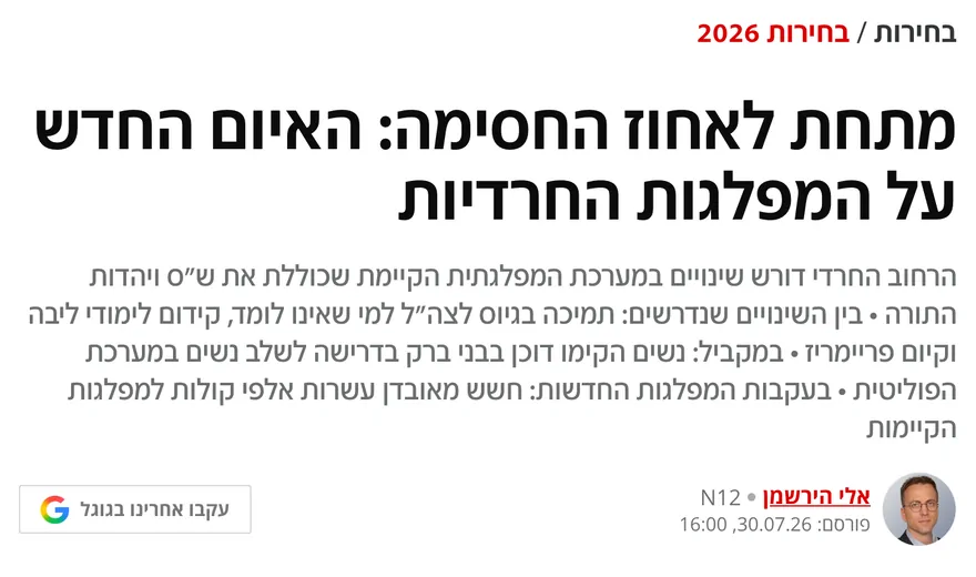 צילום כותרת הידיעה ב-N12: מתחת לאחוז החסימה: האיום החדש על המפלגות החרדיות