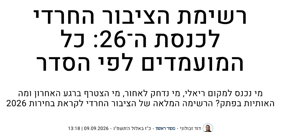 צילום כותרת הידיעה במקור ראשון: רשימת הציבור החרדי לכנסת ה־26: כל המועמדים לפי הסדר