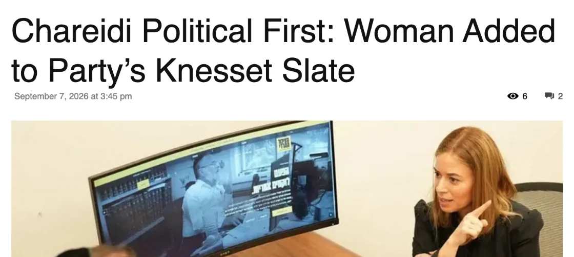 צילום כותרת הידיעה ב-Matzav.com: Chareidi Political First: Woman Added to Party’s Knesset Slate