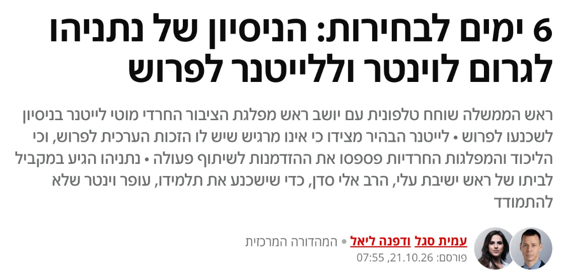 צילום כותרת הידיעה ב-N12: 6 ימים לבחירות: הניסיון של נתניהו לגרום לוינטר וללייטנר לפרוש
