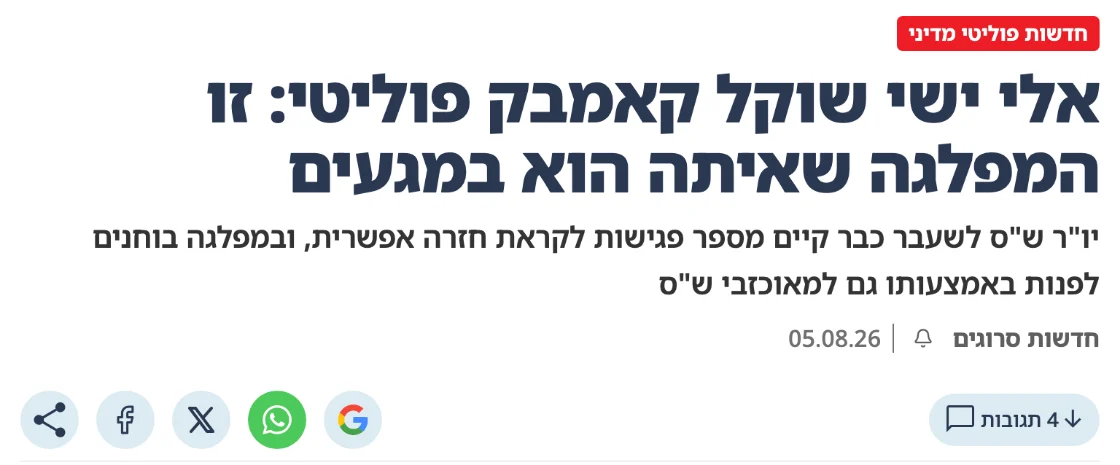 צילום כותרת הידיעה בסרוגים: אלי ישי שוקל קאמבק פוליטי: זו המפלגה שאיתה הוא במגעים