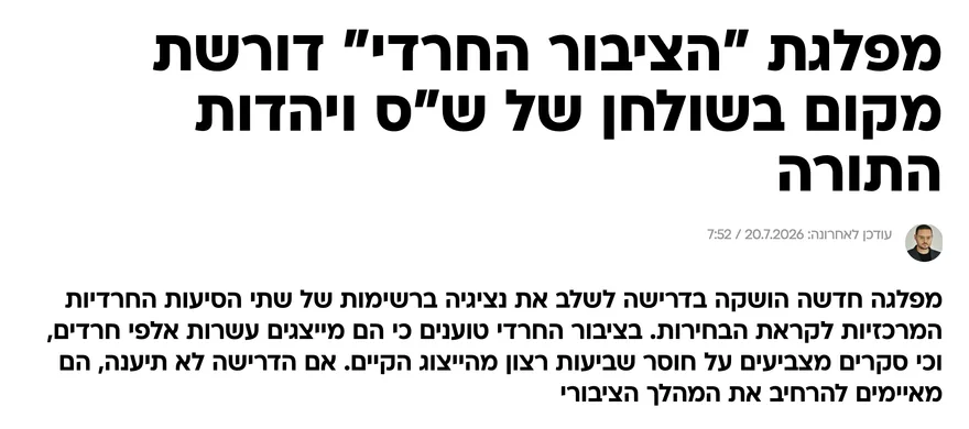 צילום כותרת הידיעה בוואלה חדשות: מפלגת "הציבור החרדי" דורשת מקום בשולחן של ש"ס ויהדות התורה
