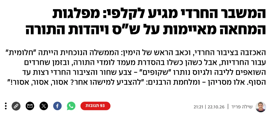 צילום כותרת הידיעה ב-ynet: המשבר החרדי מגיע לקלפי: מפלגות המחאה מאיימות על ש״ס ויהדות התורה