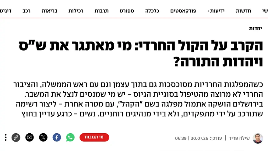 צילום כותרת הידיעה ב-ynet: הקרב על הקול החרדי: מי מאתגר את ש"ס ויהדות התורה?