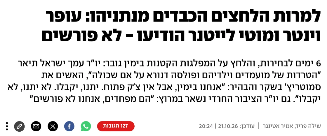 צילום כותרת הידיעה ב-ynet: למרות הלחצים הכבדים מנתניהו: עופר וינטר ומוטי לייטנר הודיעו - לא פורשים