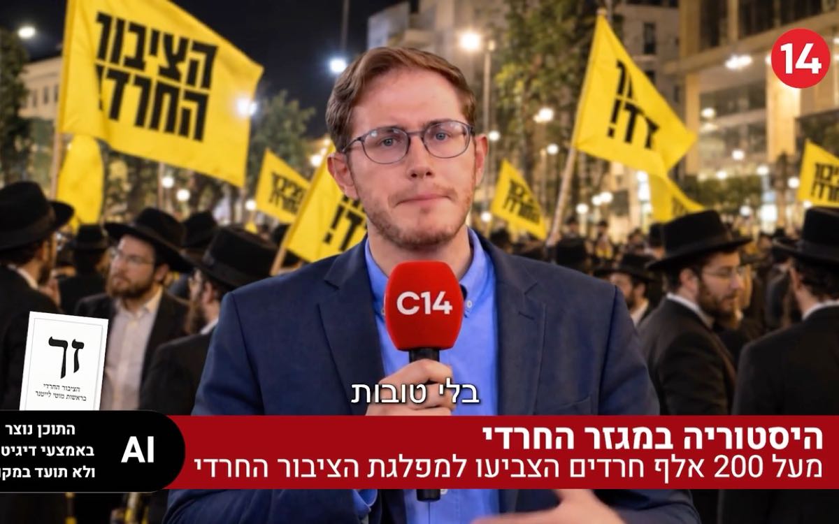 כתב בשידור חדשות דמיוני מיום הבחירות, נוצר באמצעים דיגיטליים, פריים מתוך הסרטון