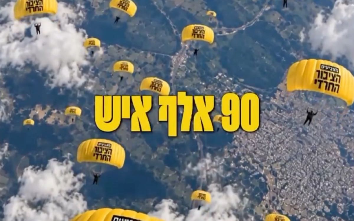 «90 אלף איש» — מצנחים צהובים של הציבור החרדי מעל הארץ, מתוך סרטון הקמפיין ״אנחנו ממריאים״ (חיתוך רוחבי)